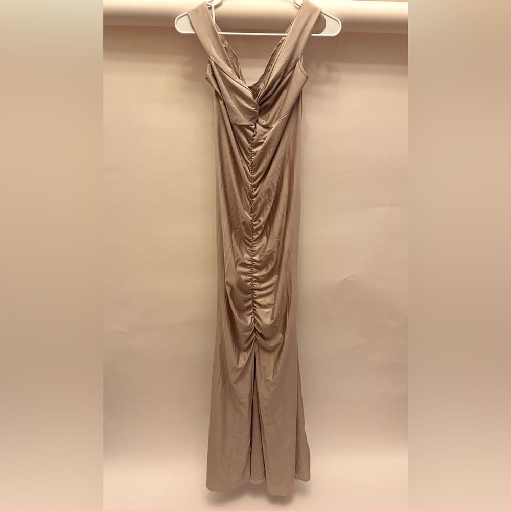 Elegant Tan Draped Maxi Dress